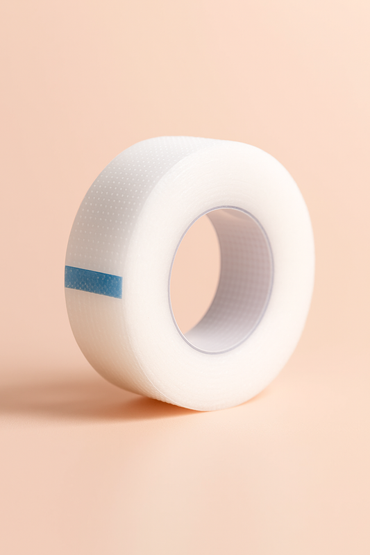 Maison Lashé white precision lash tape roll with blue tab on a peach background, used for securing bottom lashes during extensions.
