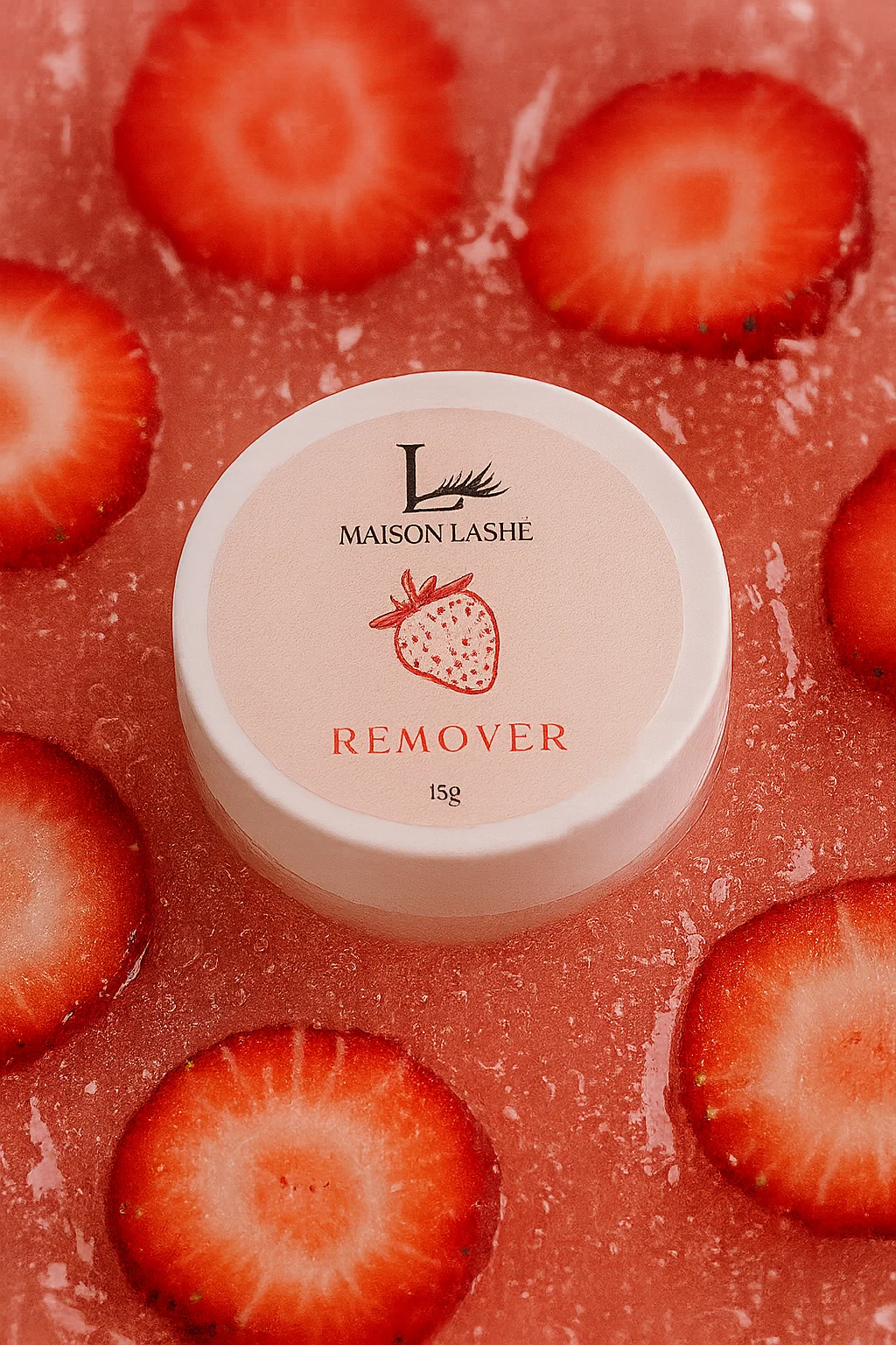 Maison Lashé strawberry-scented cream remover for eyelash extensions; pink pot surrounded by fresh strawberries, used for gentle, safe lash removal